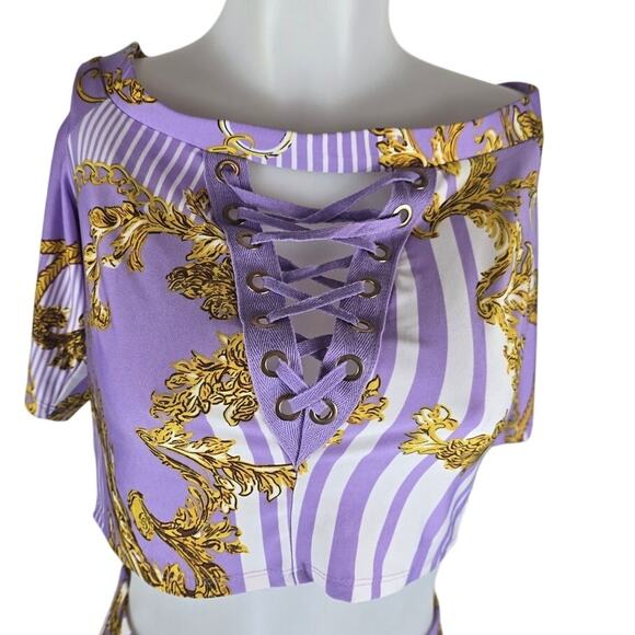 Venus Lavander Gold Chain Leaf Design Crop Blouse - Skirt Set Women's L NWT - Picture 2 of 7